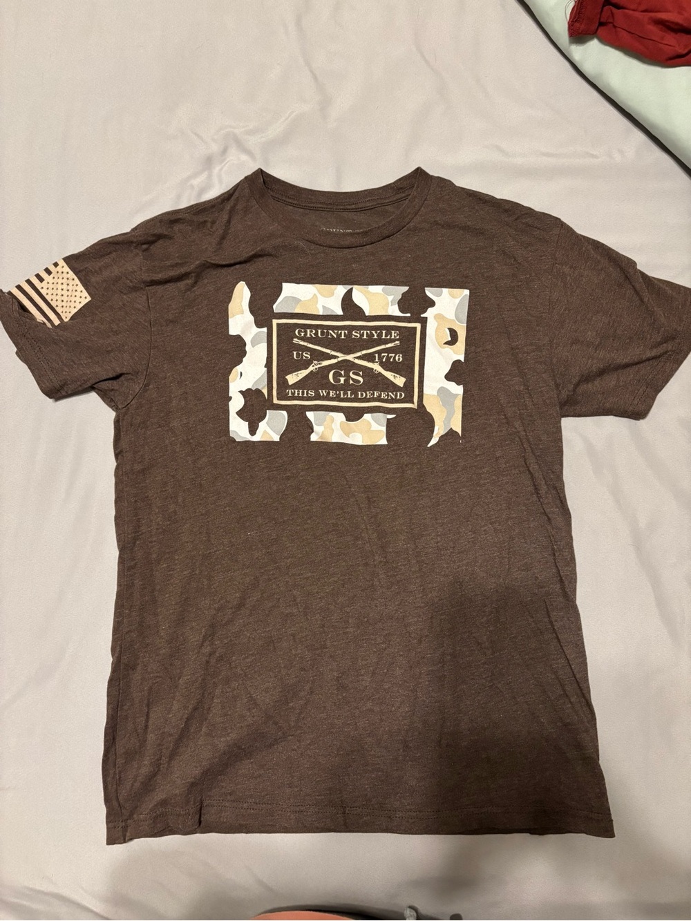 Grunt Style Brown Short Sleeve Graphic Tee with Camouflage Print